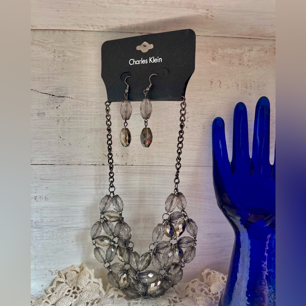 Charles Klein Gray Faceted Bead Statement Necklace With Matching Earrings